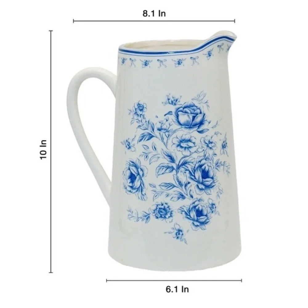 My Texas House Blue White Floral Stoneware Pitcher 3qt Toile Americana‎ Decor
